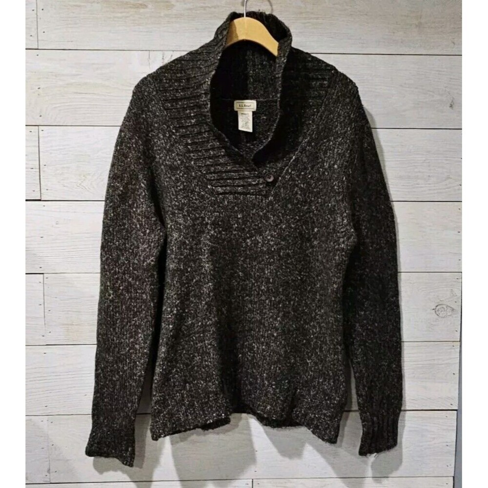 L.L. Bean Sweater Women's LARGE Shawl Collar Wool Blend Pullover Knit Brown